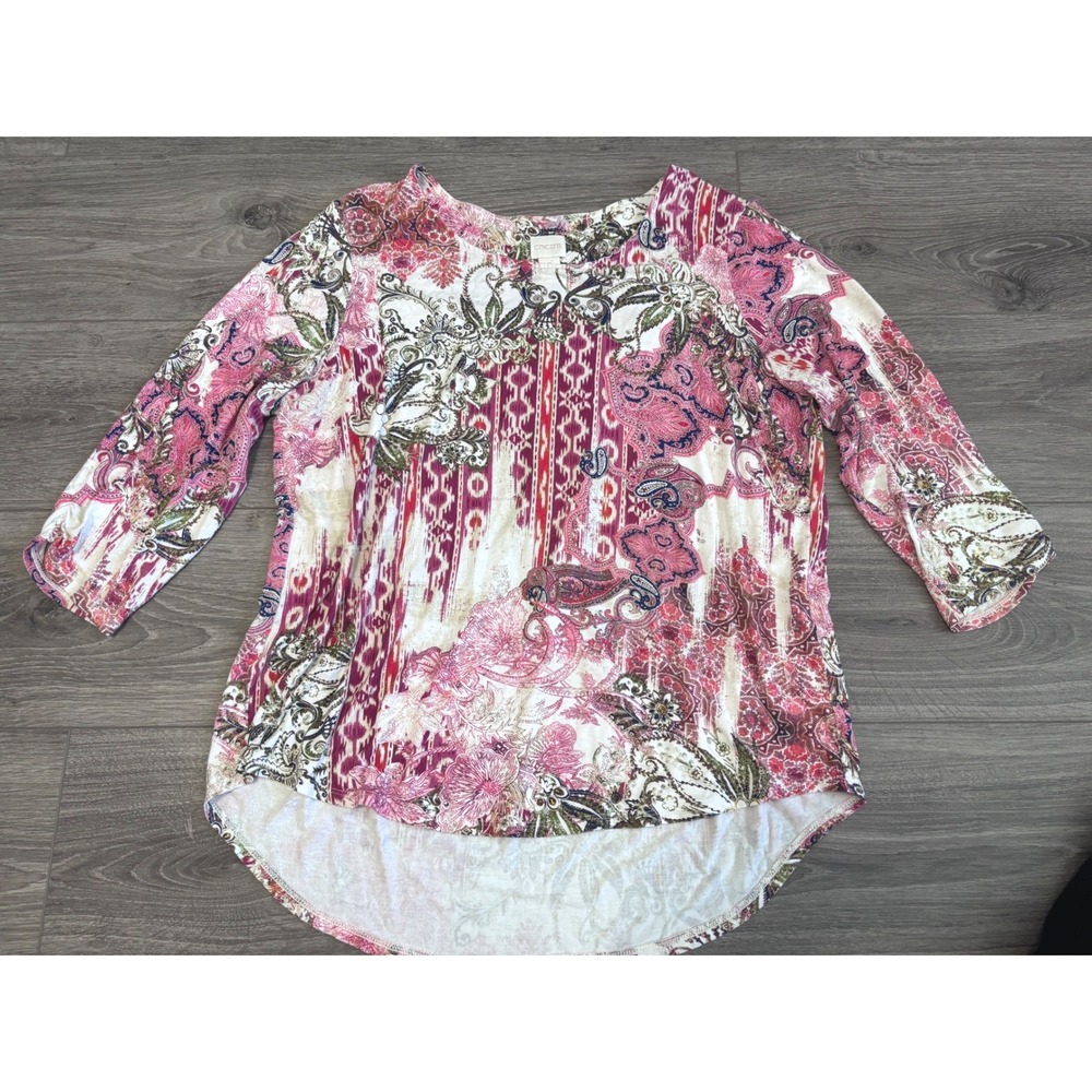 Chico's Top Paisley Floral Print Blouse Ruched Sleeve Boho Peasant Resort Cruise